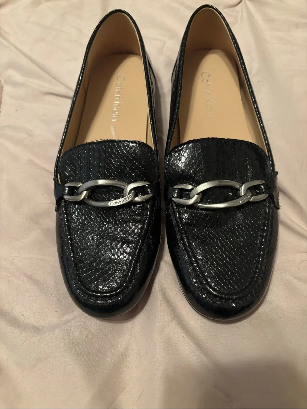 Calvin Klein Black Textured Loafers with Silver Chain Detail